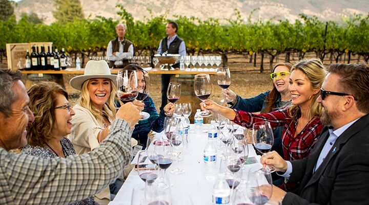 Groth Vineyards and Winery - Groth wine club members toasting at tasting in vineyard